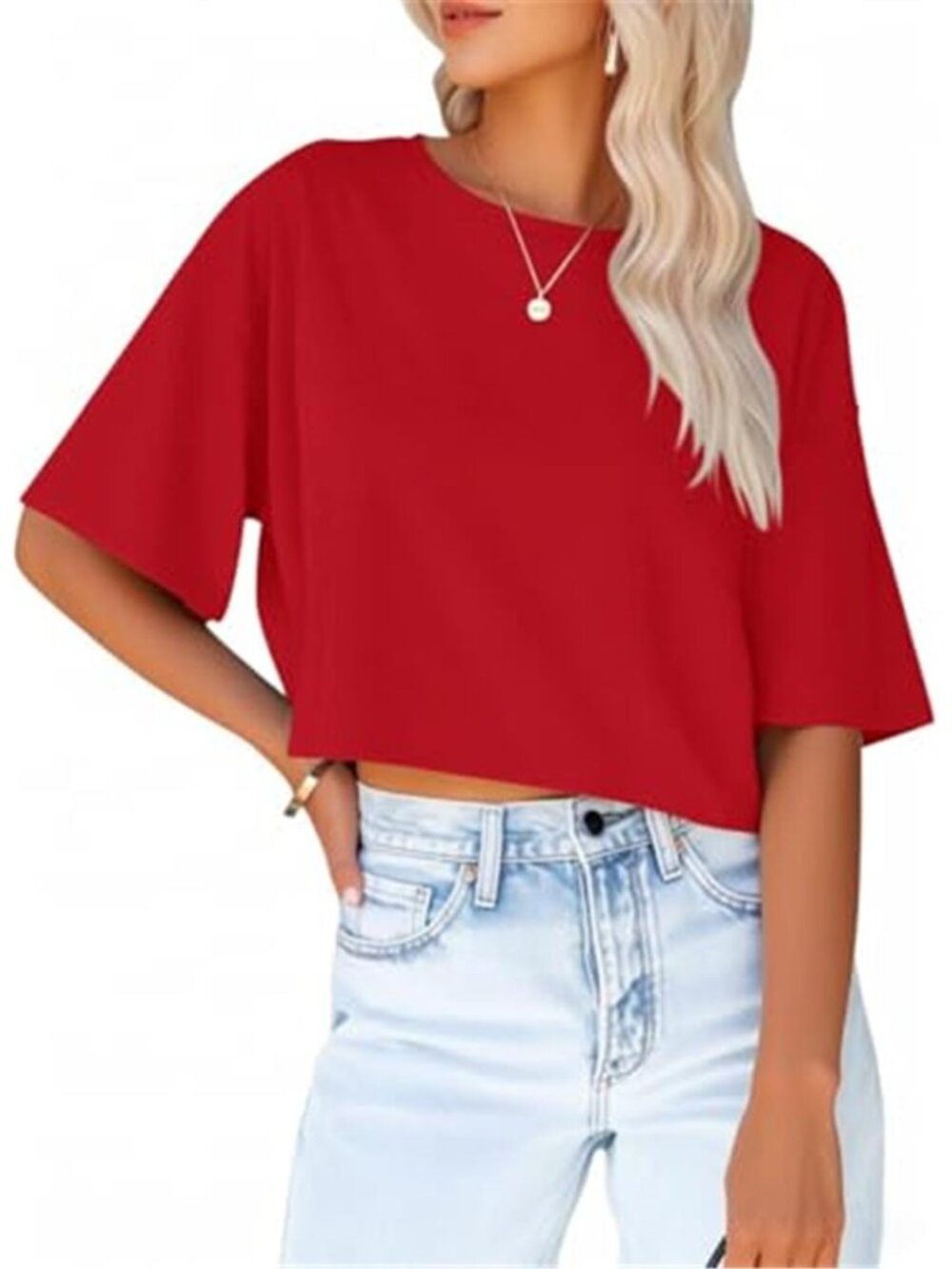 Red Cropped T-Shirt Half Sleeve Crew Neck Oversized Summer Tee